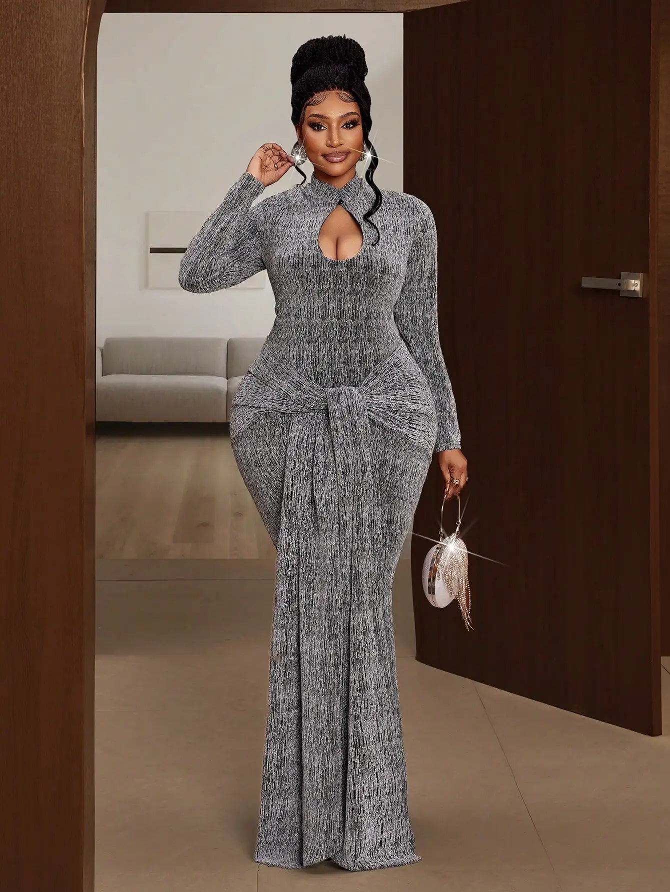 Plus Size Long Sleeve Knotted Front Fishtail Dress with Keyhole Neckline for Autumn Winter Valentine's Day